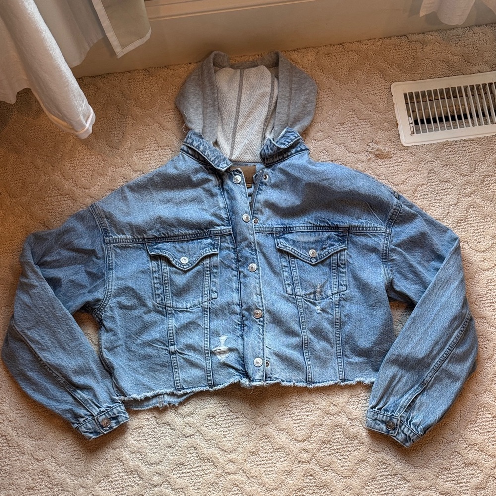 American Eagle Outfitters Denim Jacket with Gray Hood